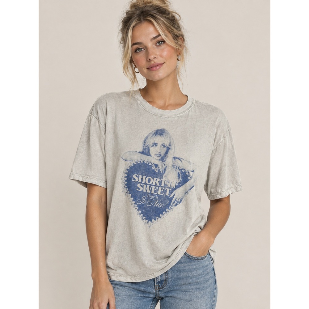 Sabrina Carpenter Short n Sweet Tour 2024 Concert T-Shirt Cream Blue Large